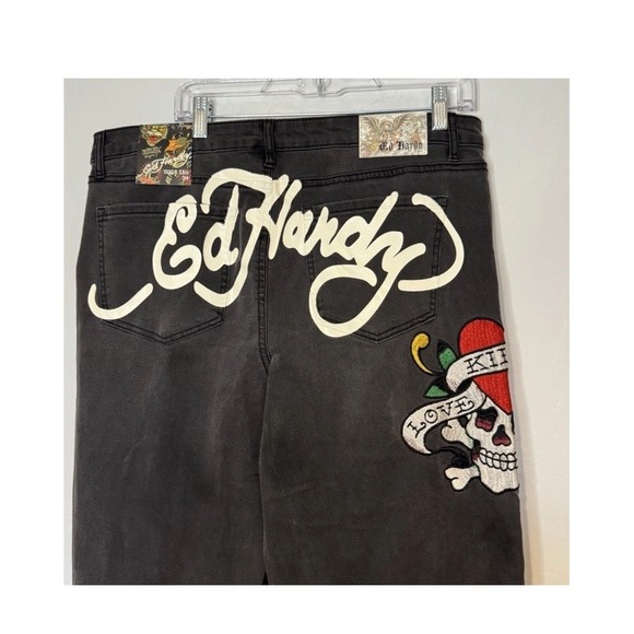 Ed Hardy Denim - Ed Hardy Love Kills Slowly Black Jeans 34X32 Wide Leg Embroidery WEHD8300-1 NWT
